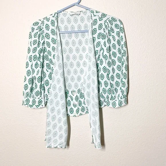 Sandro Namal Printed Crop Top 1 Small Waist Tie 3/4 Balloon Sleeve White Green - Picture 3 of 7